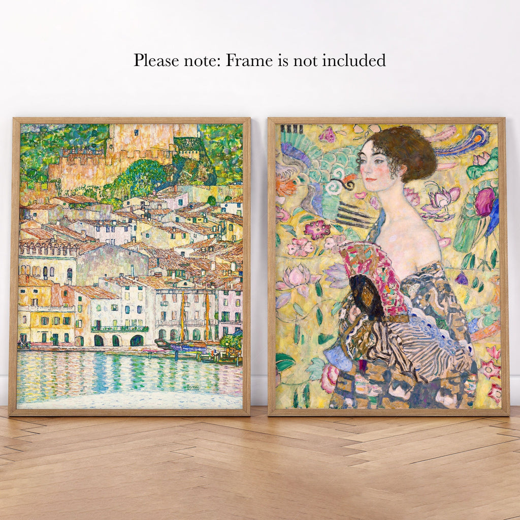 Gustav Klimt Set of 2 Art Prints – Lady with Fan & Malcesine Lake Garda