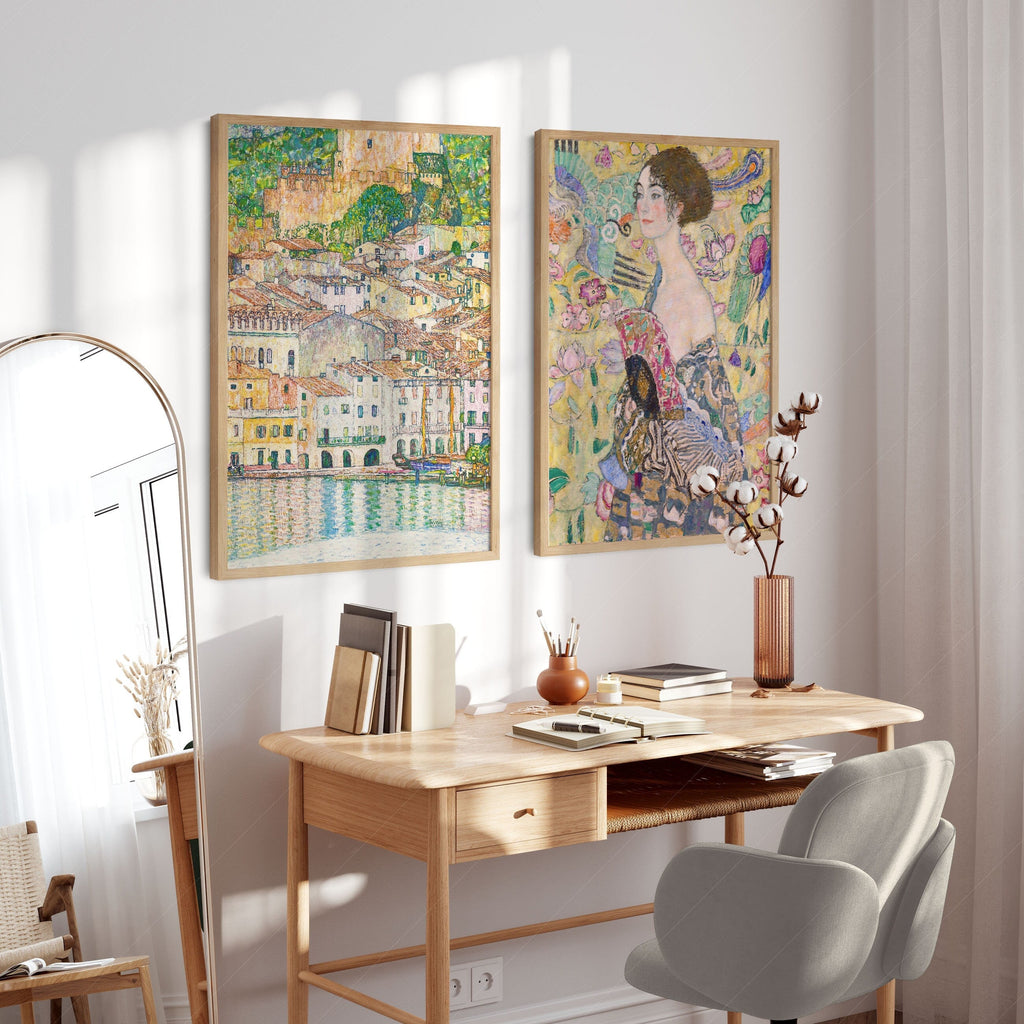 Gustav Klimt Set of 2 Art Prints – Lady with Fan & Malcesine Lake Garda