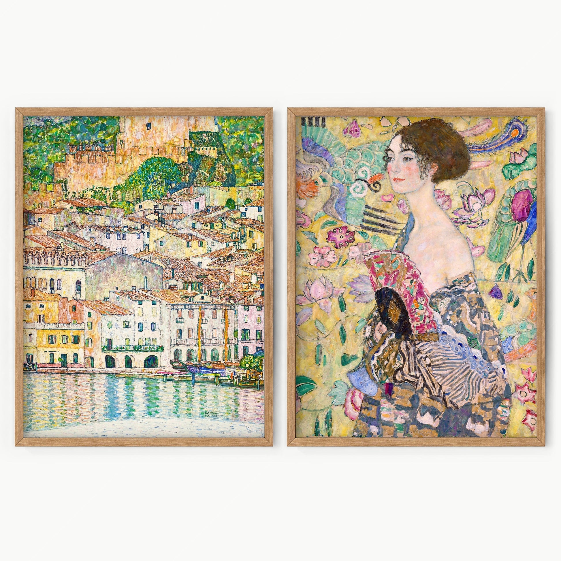 Gustav Klimt Set of 2 Art Prints – Lady with Fan & Malcesine Lake Garda