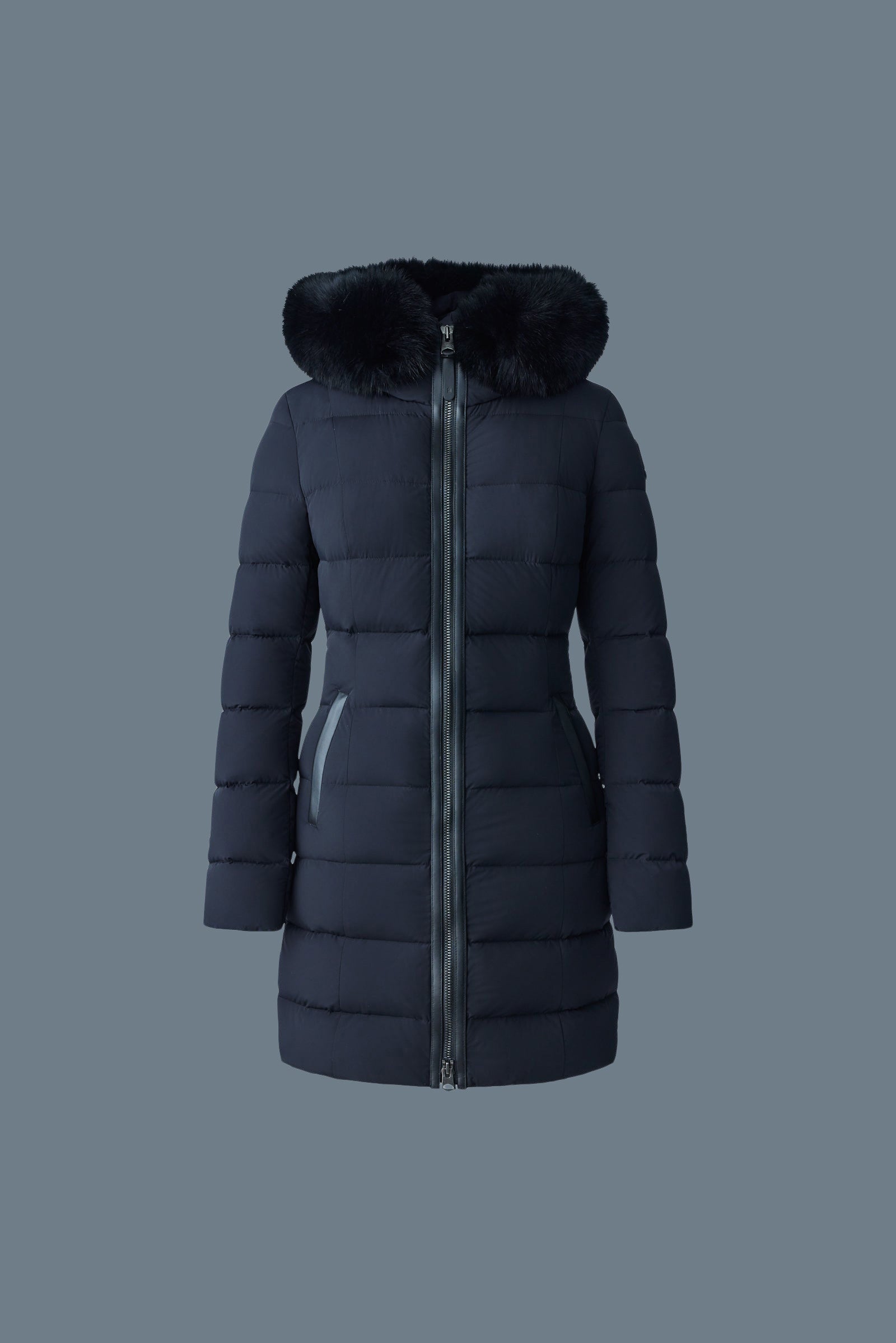 Manteau en duvet léger extensible CALLA Agile-360 avec col en fourrure de renard bleu