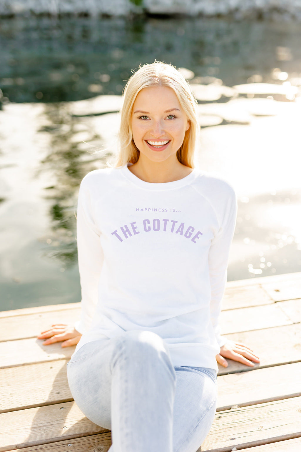 Women's Cottage Collegiate Crew Sweatshirt, White with Lilac
