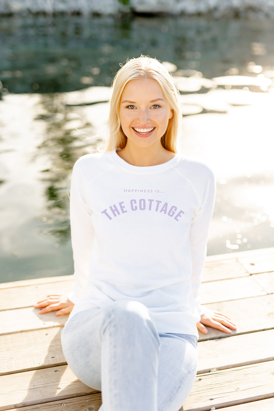 Women's Cottage Collegiate Crew Sweatshirt, White with Lilac