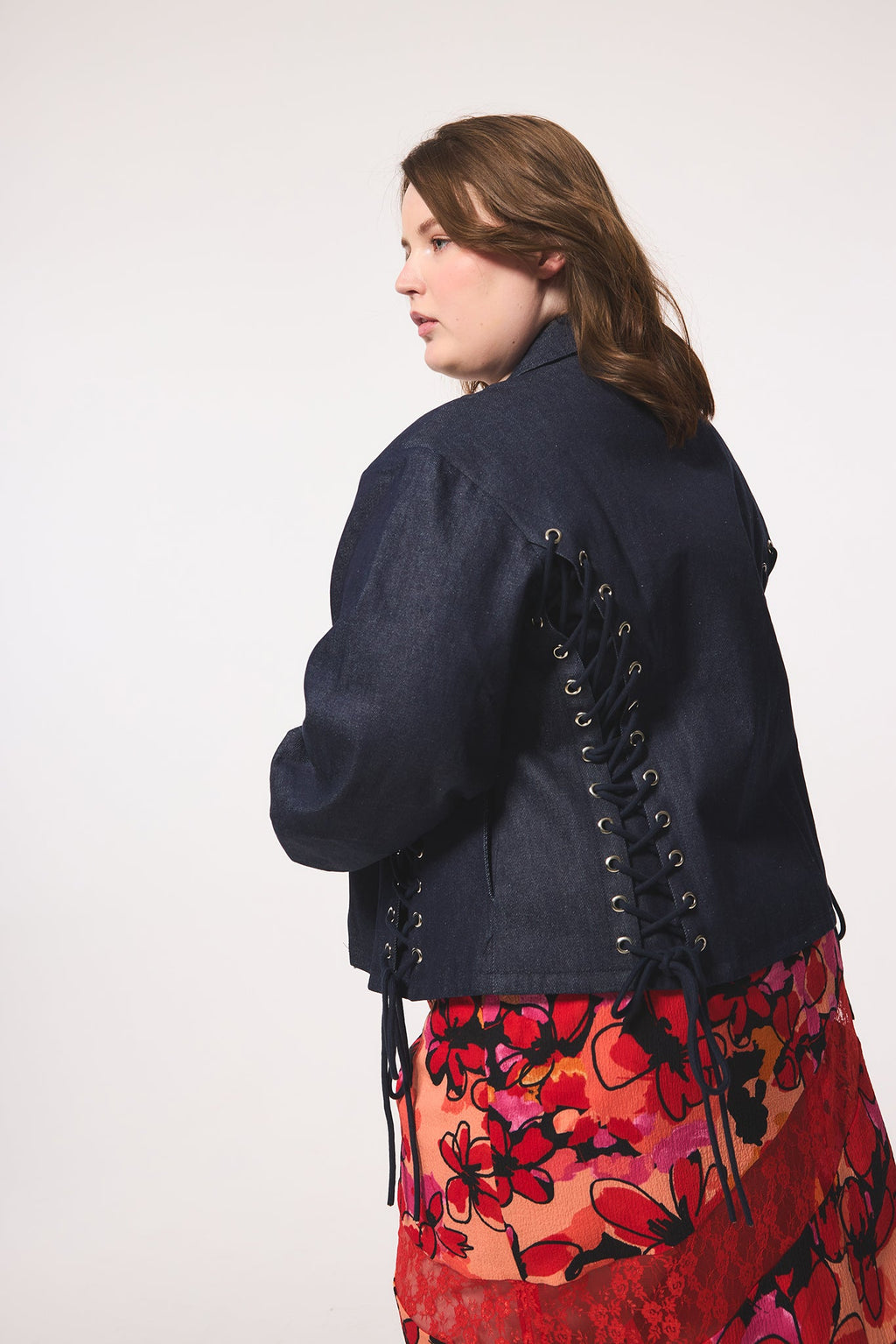 Lace Up Exaggerated Sleeve Denim Jacket