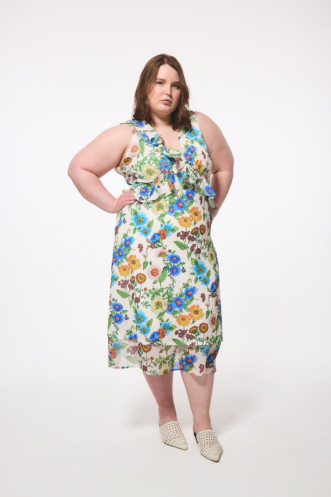 Antique Floral Ruffle Midi Dress
