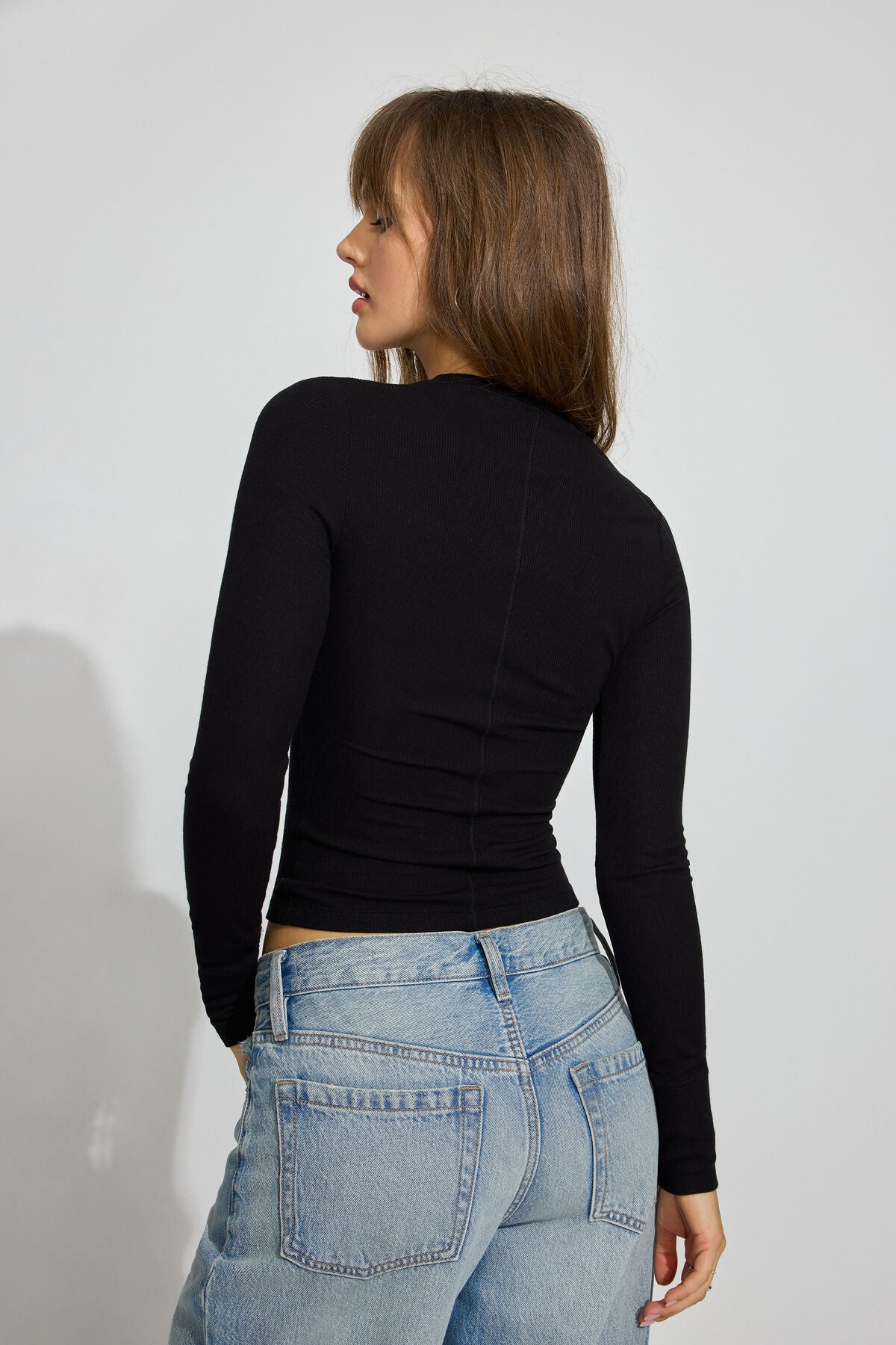 Ribbed Seamed Long Sleeve Crewneck Top