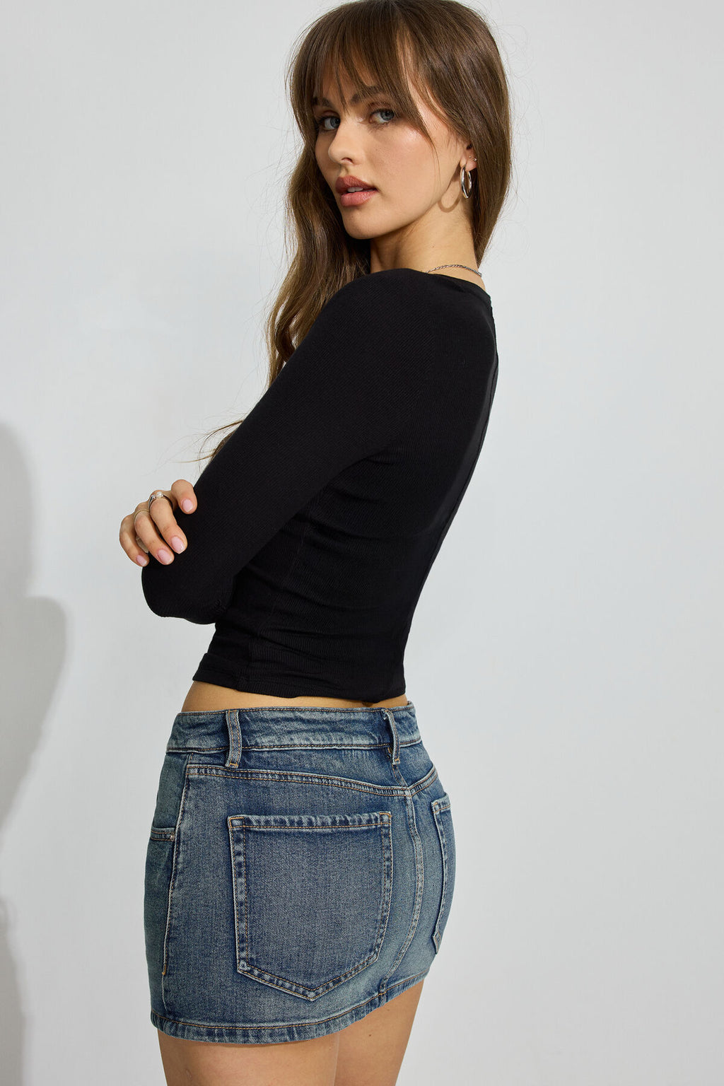 Ribbed Deep V Neck Long Sleeve Top