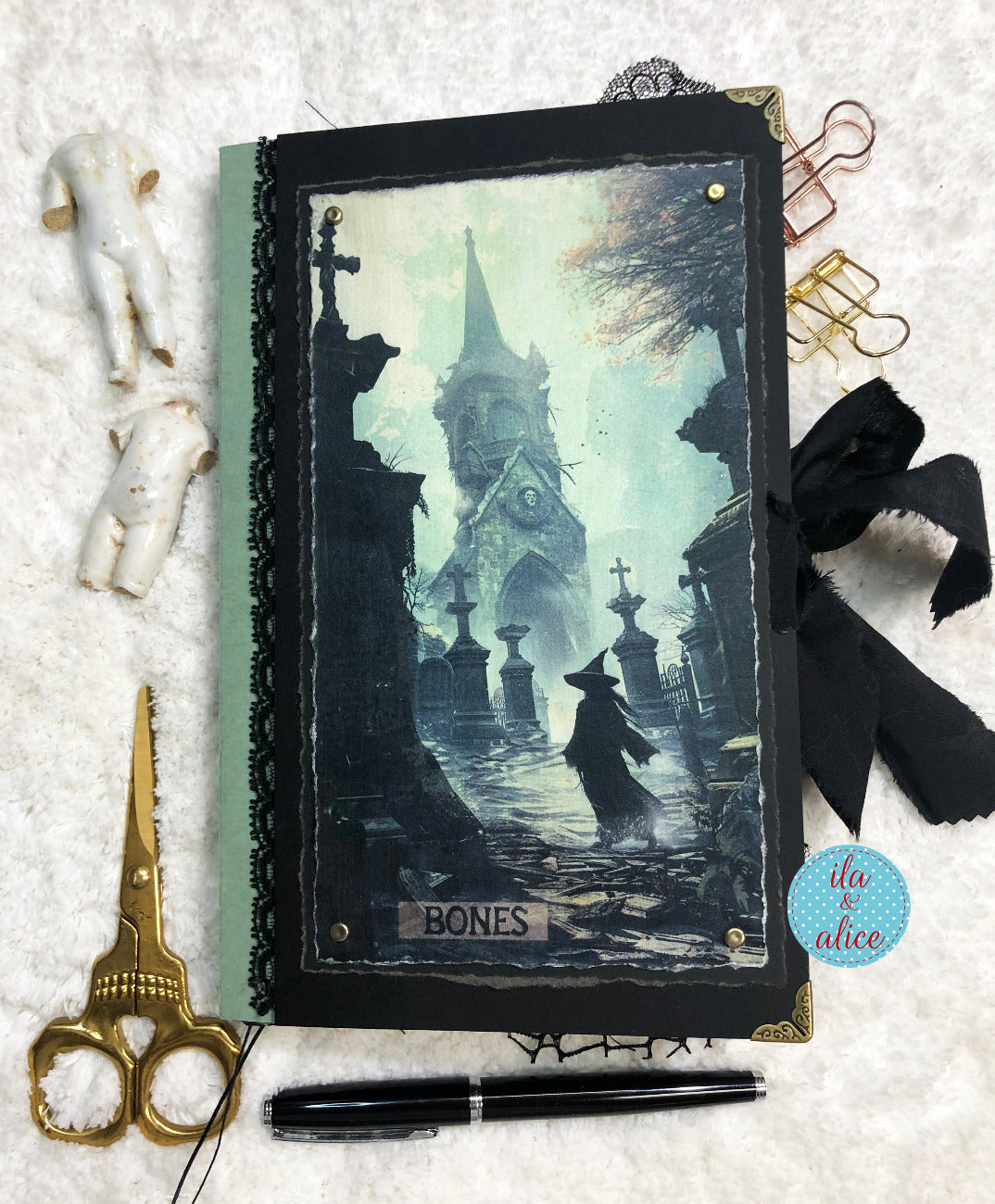 Eerie Gothic Halloween Junk Journal- Witch in Graveyard
