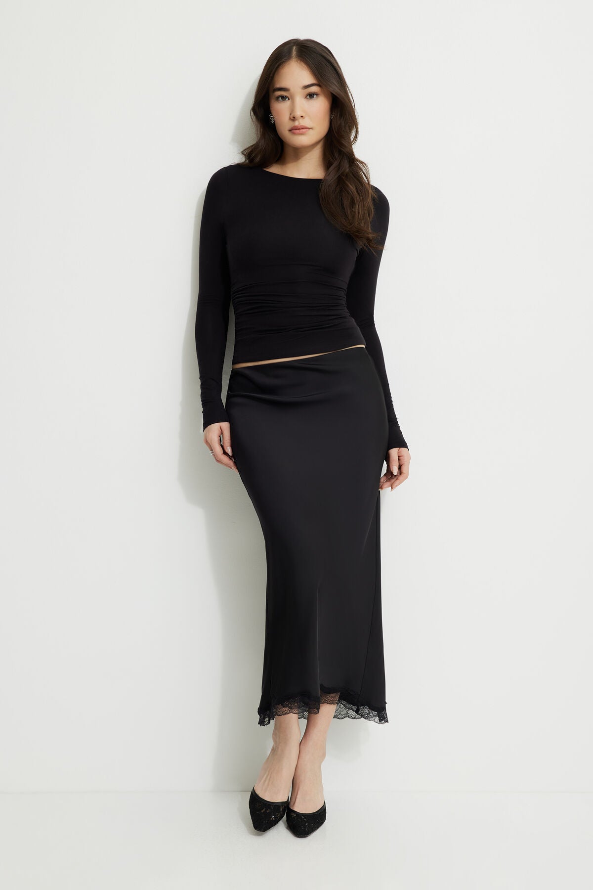 Satin Lace Trim Maxi Slip Skirt