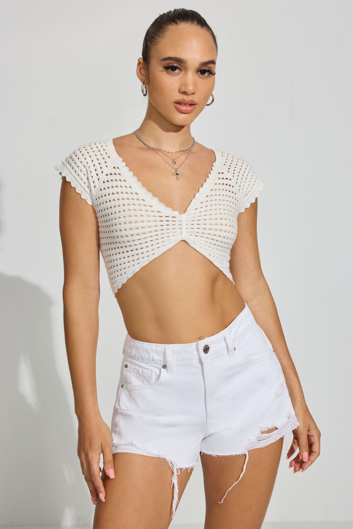 Sheer V-Neck Knit Crop Tee