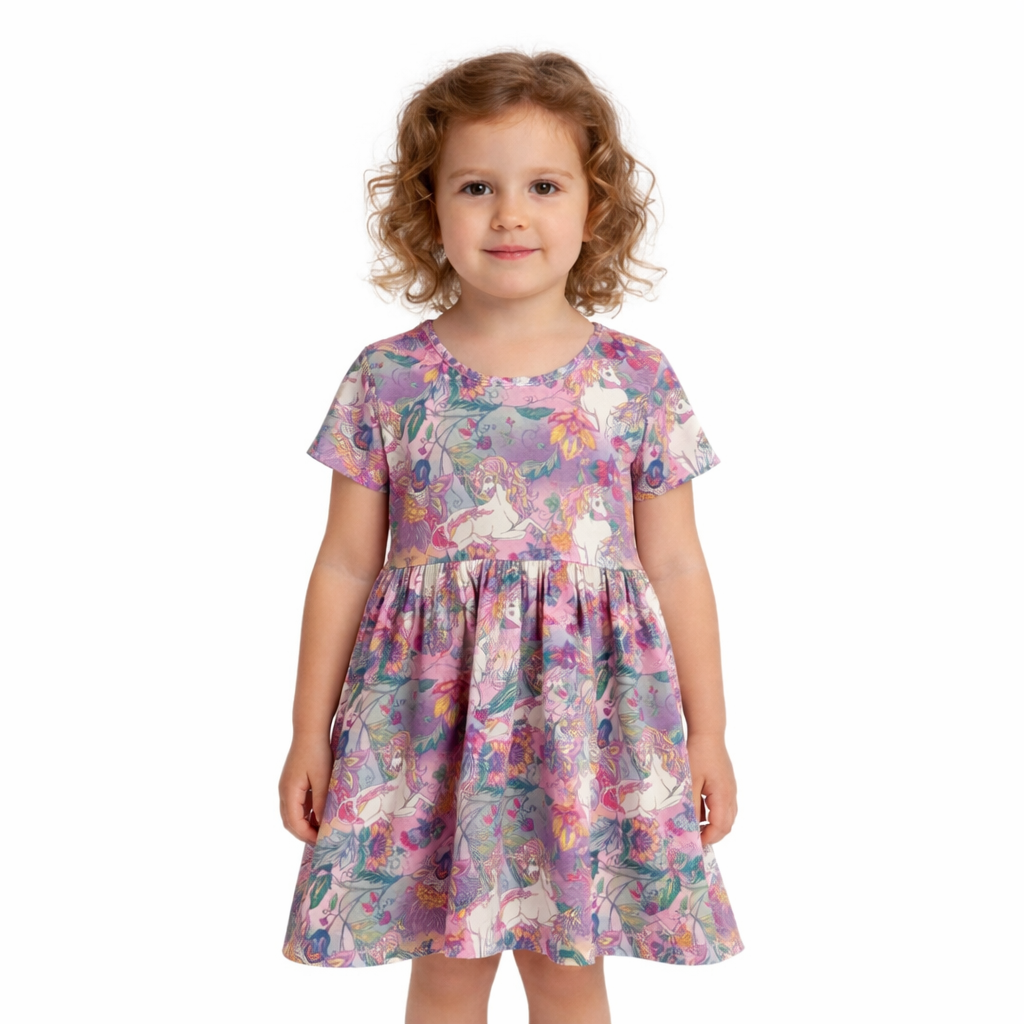 Purple Unicorn Short Sleeve Play Date Dress Stretch Knit