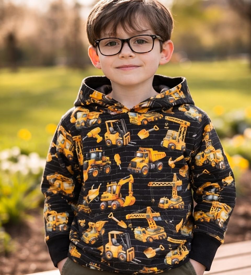 Black and Gold Construction Vehicles Print Hooded T-shirt