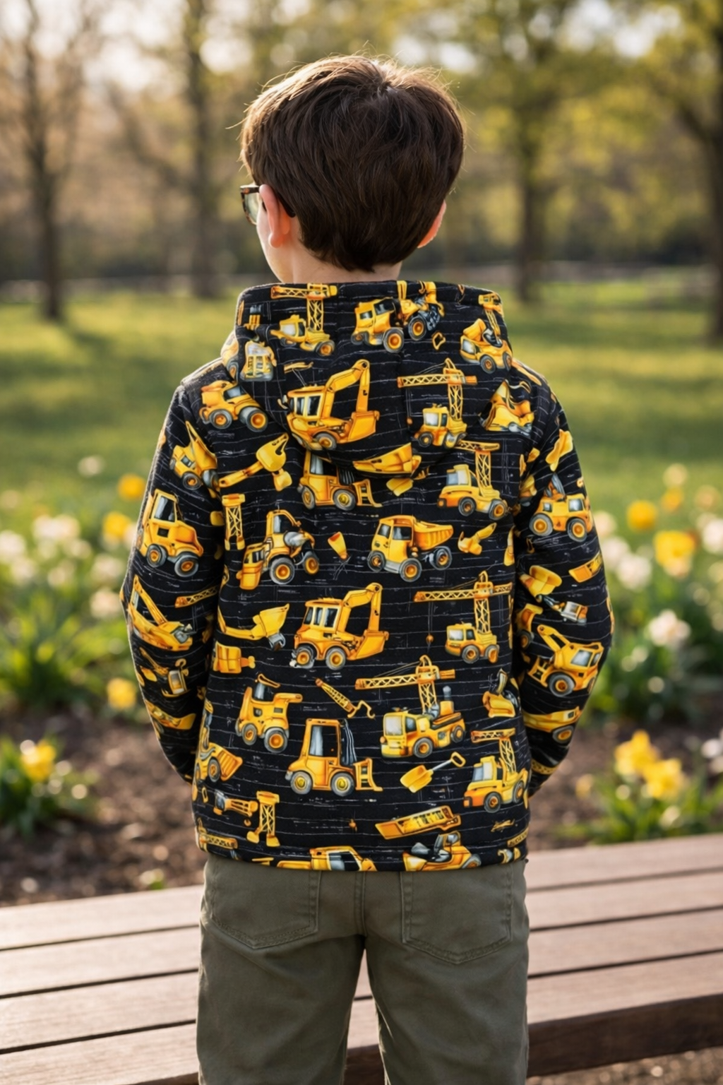 Black and Gold Construction Vehicles Print Hooded T-shirt