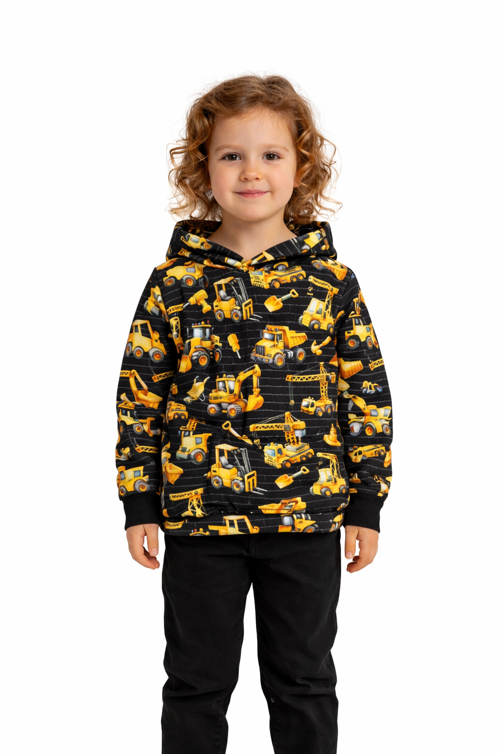 Black and Gold Construction Vehicles Print Hooded T-shirt
