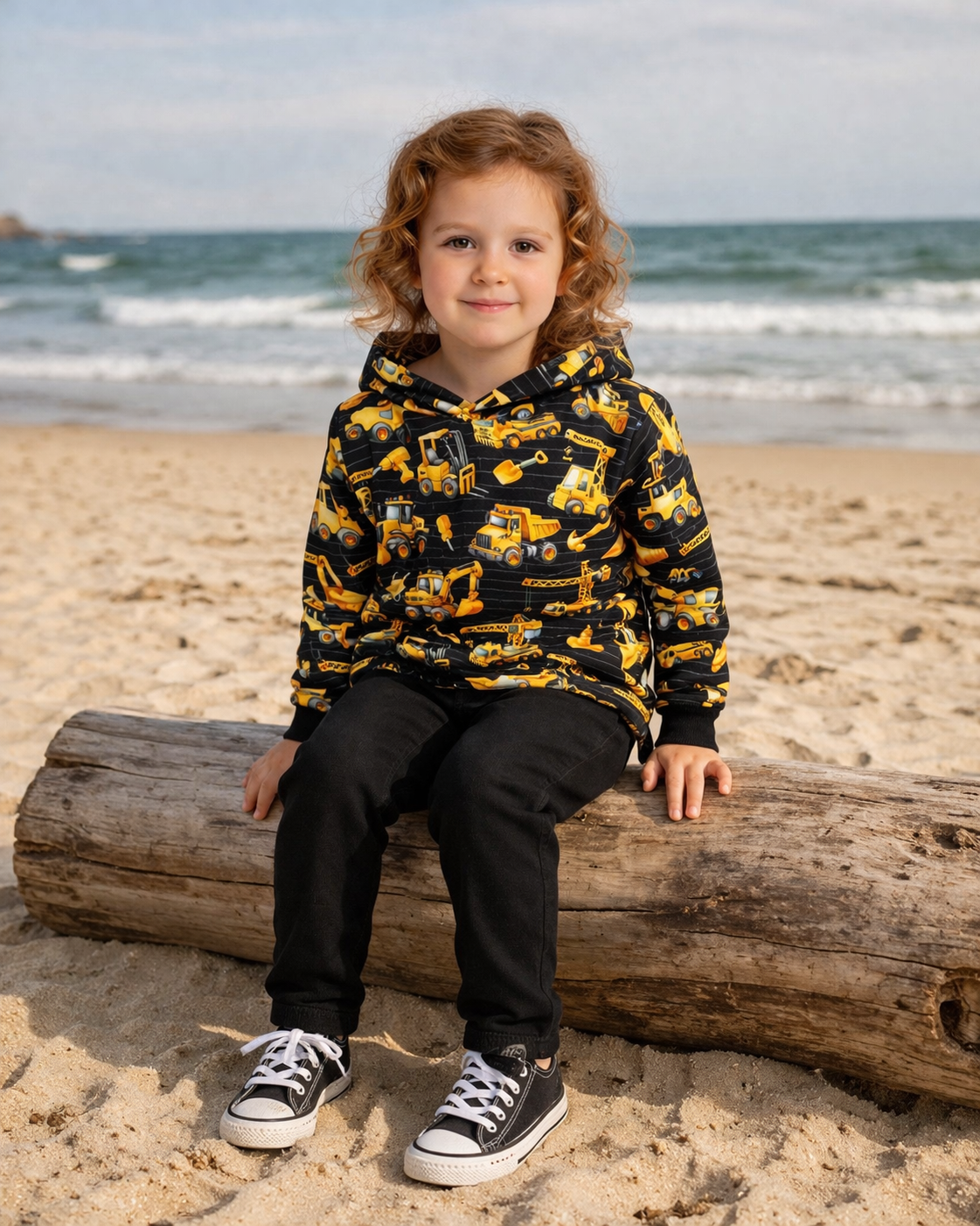 Black and Gold Construction Vehicles Print Hooded T-shirt