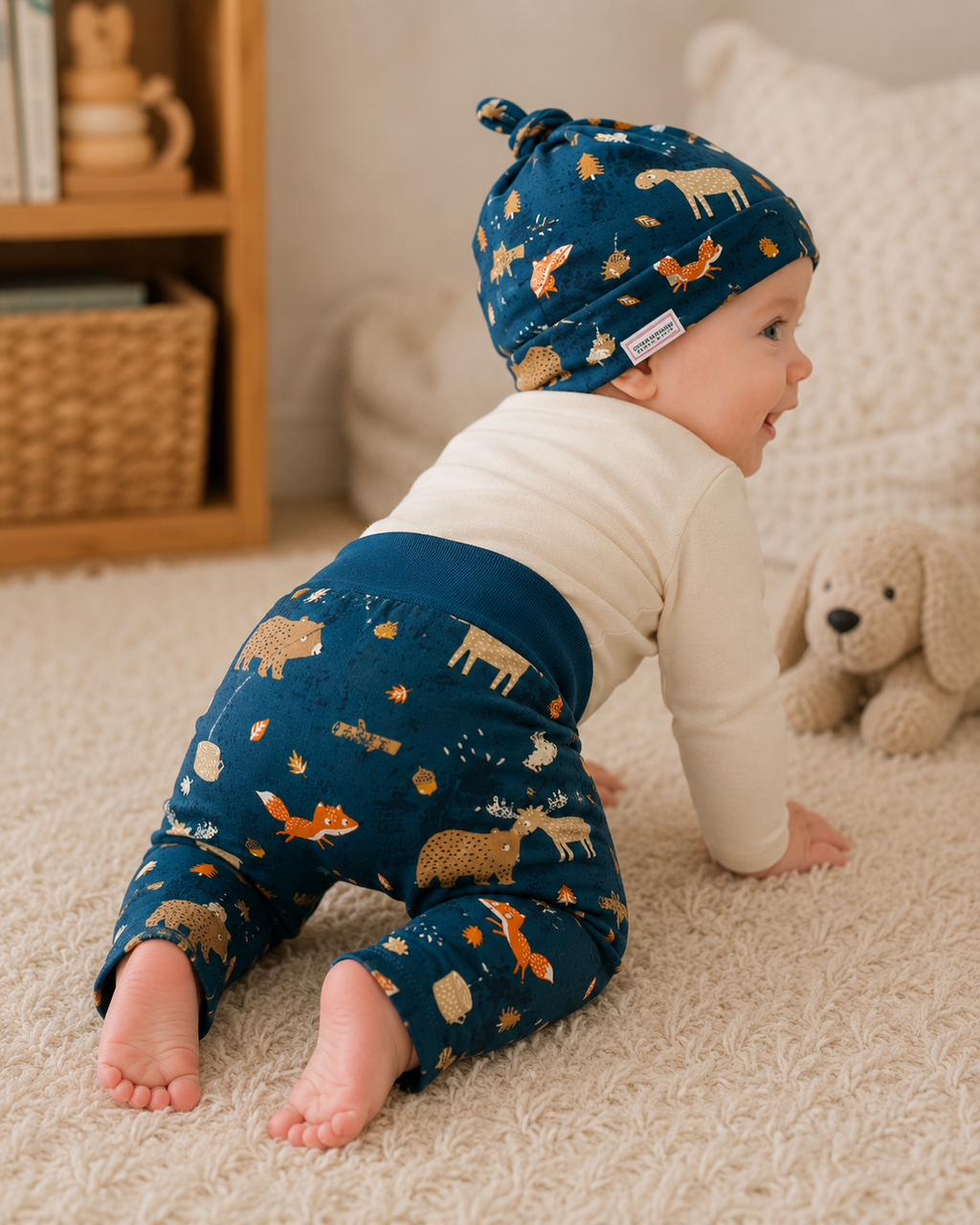 Jade Forest Woodlands Print Harem Grow Along® Pants & Top Knot Hat Organic Cotton