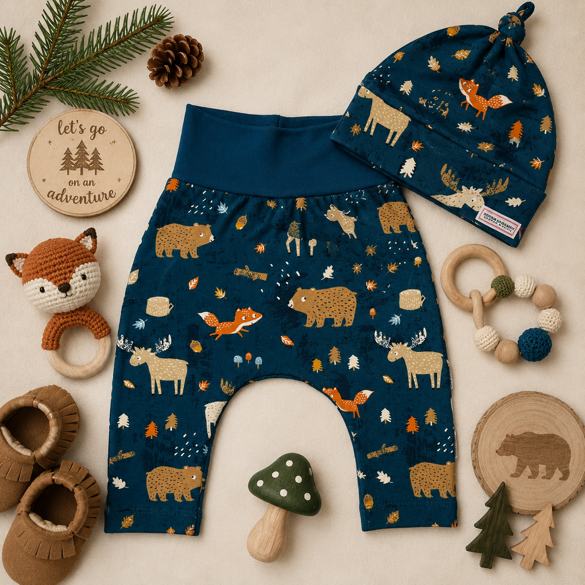 Jade Forest Woodlands Print Harem Grow Along® Pants & Top Knot Hat Organic Cotton