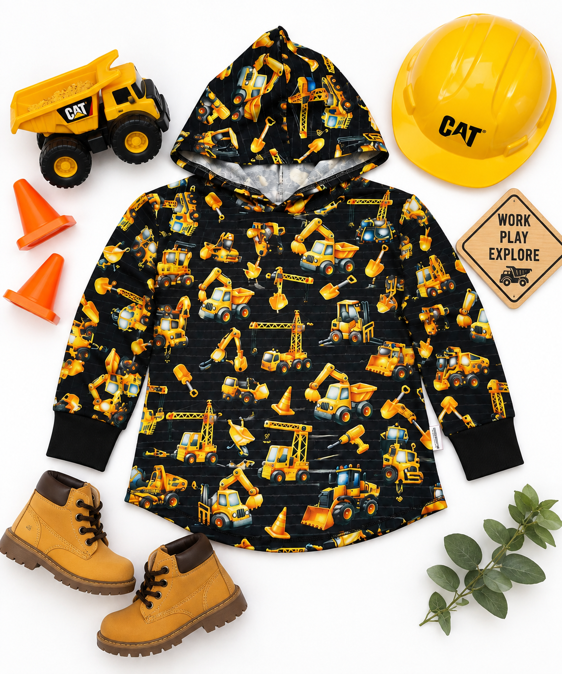 Black and Gold Construction Vehicles Print Hooded T-shirt