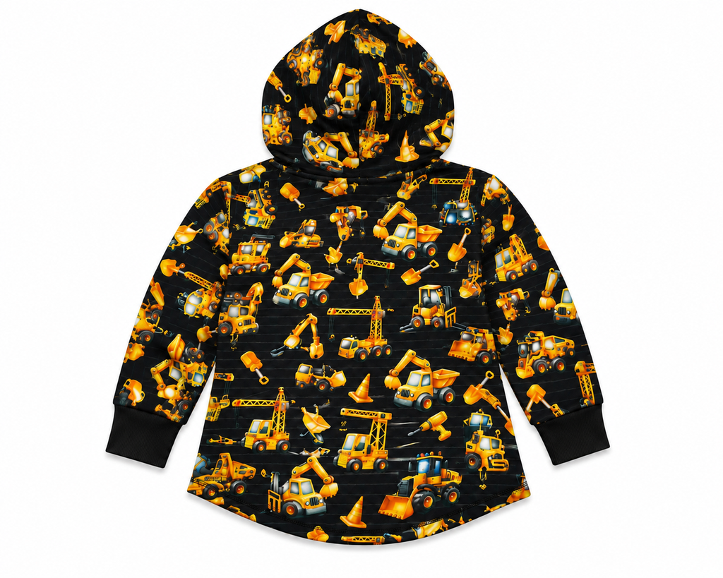 Black and Gold Construction Vehicles Print Hooded T-shirt