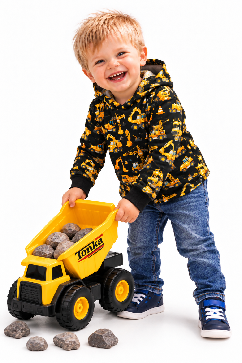 Black and Gold Construction Vehicles Print Hooded T-shirt