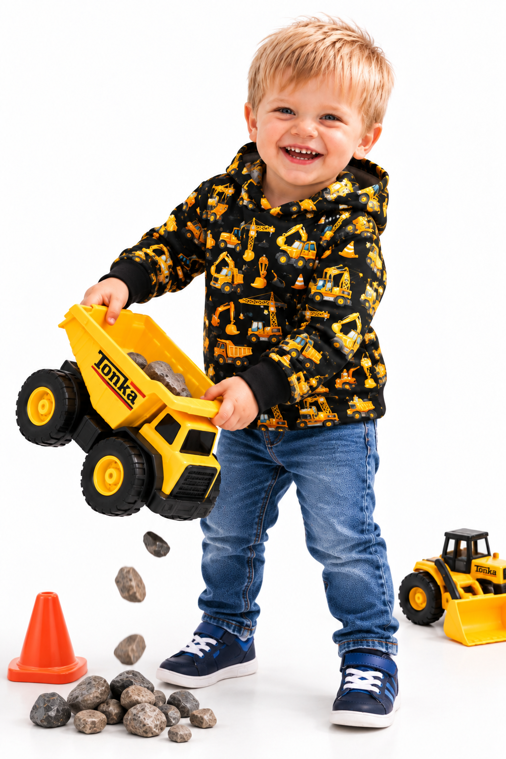 Black and Gold Construction Vehicles Print Hooded T-shirt
