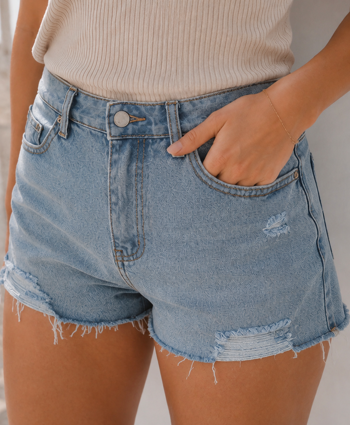 Dark Denim Shorts - Distressed