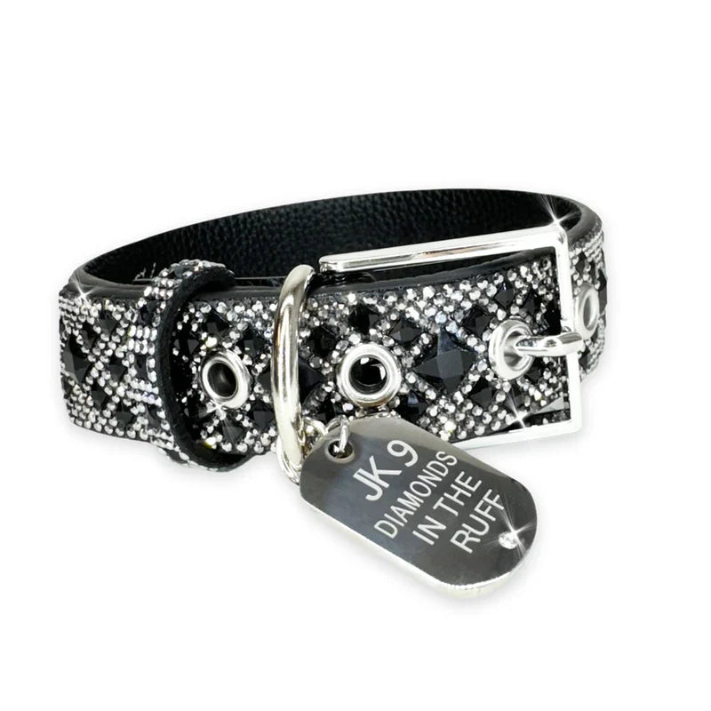 Luxury Black Diamond Print Dog Collar – Silver Hardware | Soft Vegan Leather, Adjustable Sizes