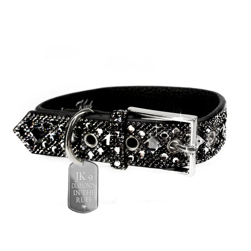 Luxury Black Diamond Print Dog Collar – Silver Hardware | Soft Vegan Leather, Adjustable Sizes