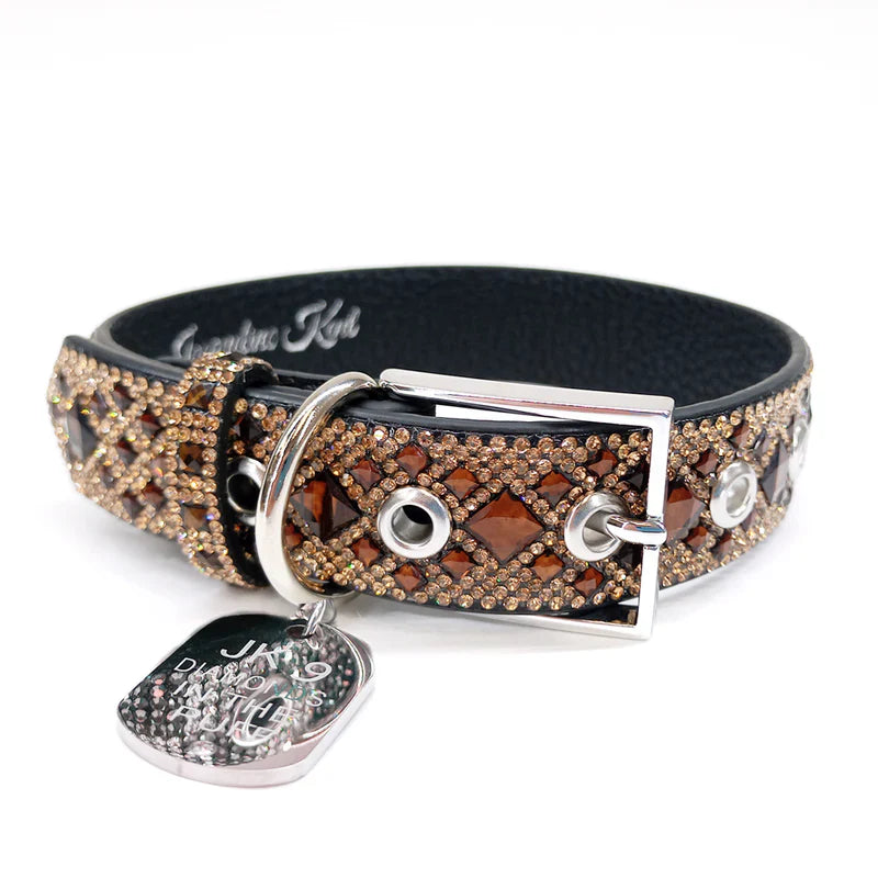 Luxury Chocolate Brown Print Dog Collar – Silver Hardware | Soft Vegan Leather, Adjustable Sizes