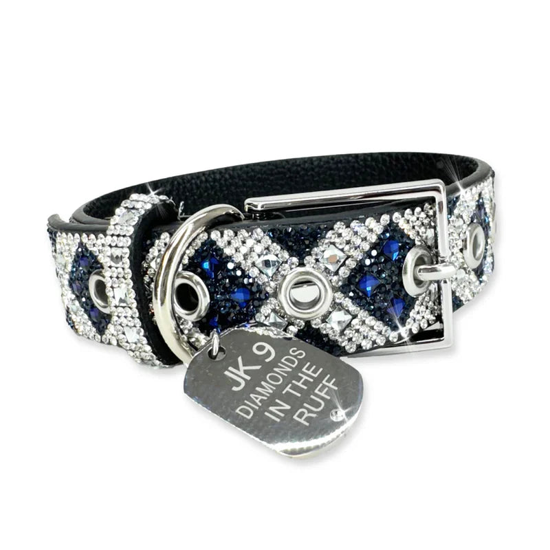 Luxury Navy Cross Print Dog Collar – Silver Hardware | Soft Vegan Leather, Adjustable Sizes