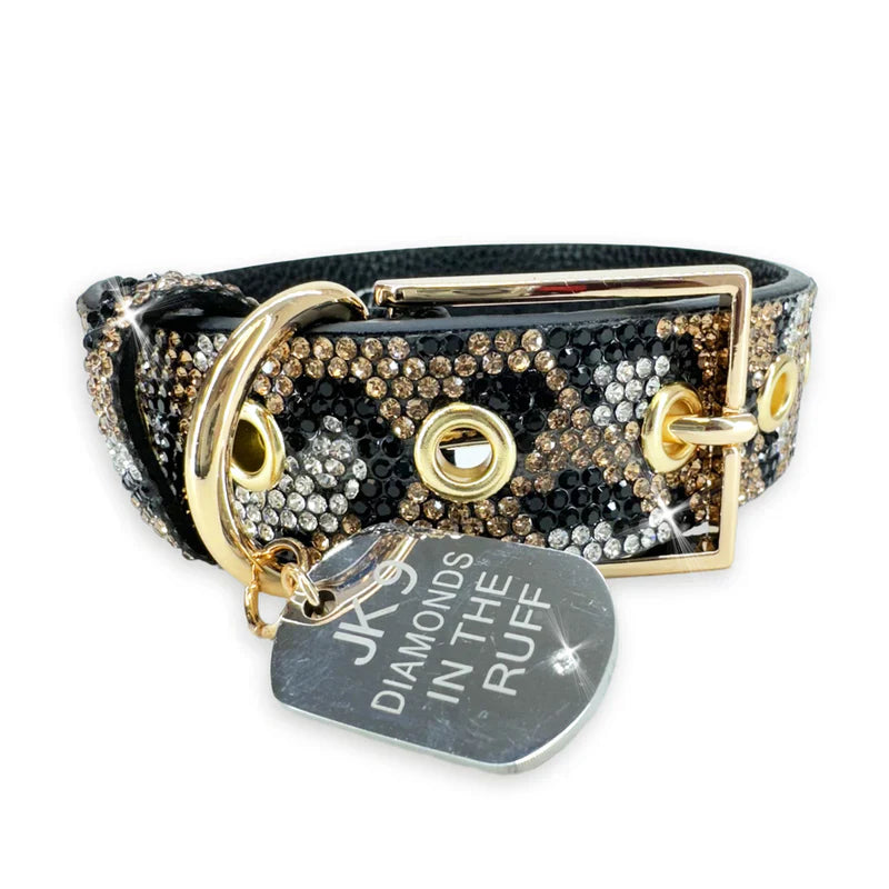 Collier de luxe pour chien à imprimé léopard – Ferrures dorées | Cuir vegan souple, tailles ajustables