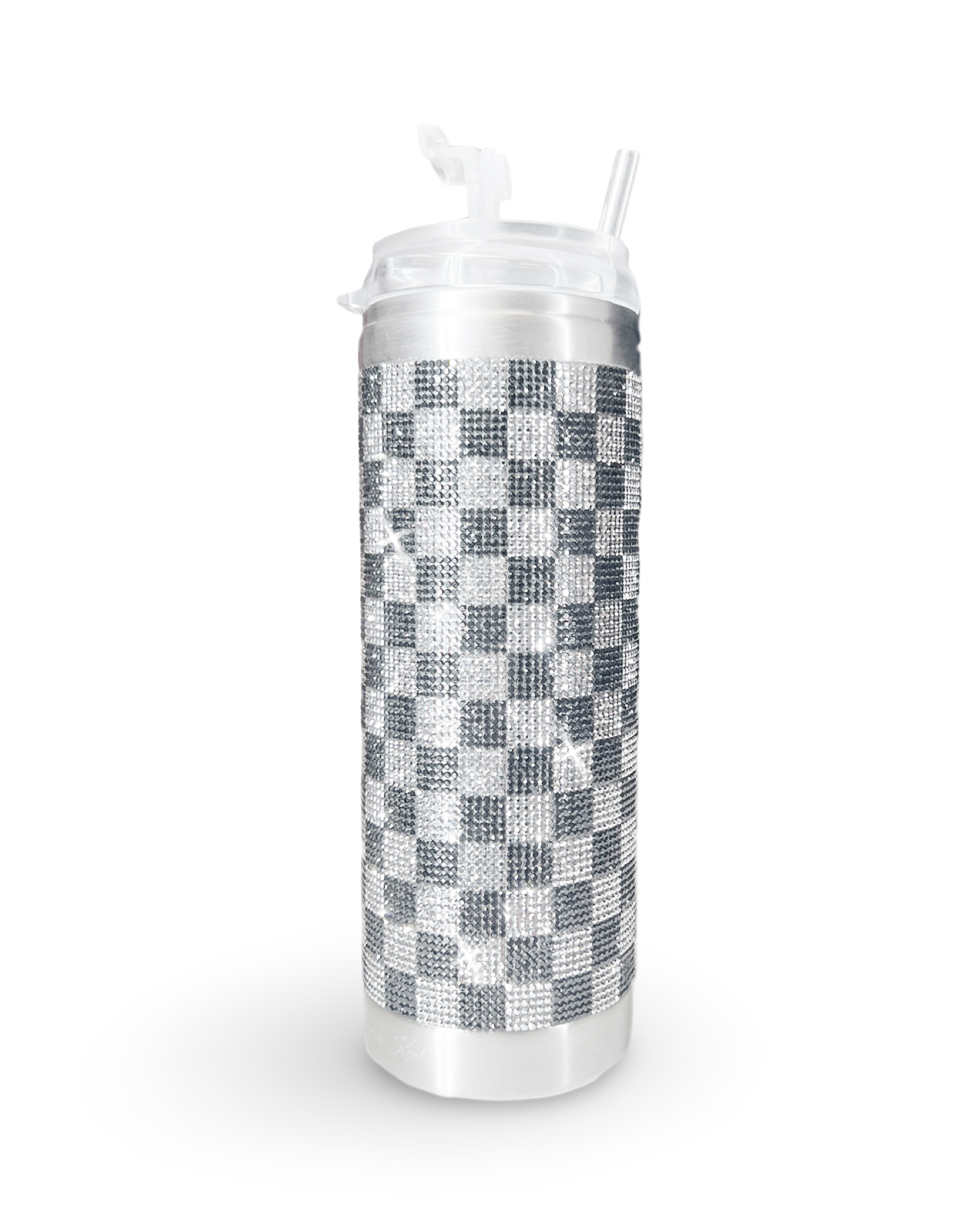 Gobelet en acier inoxydable orné de cristaux de 590 ml – Carreaux gris clair