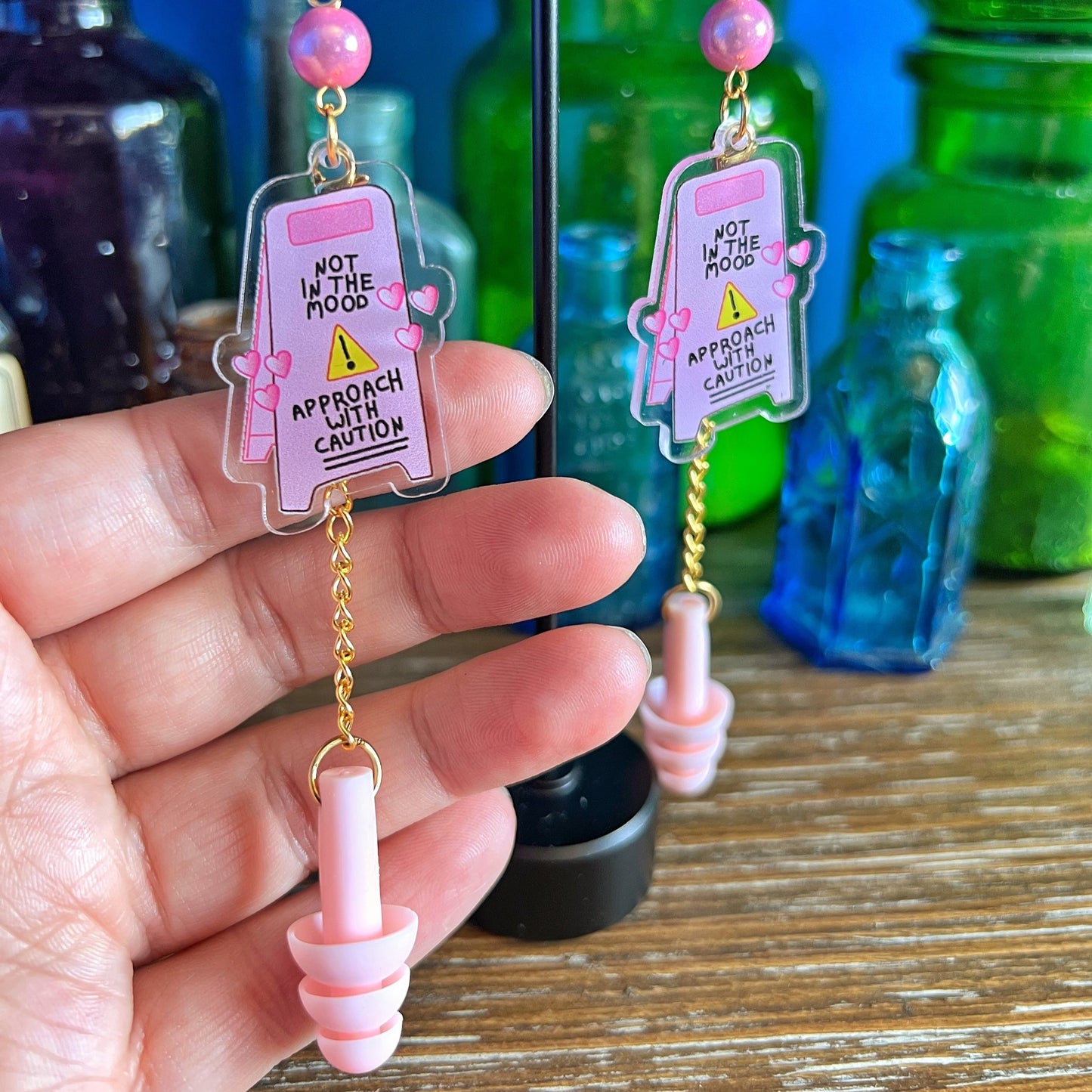 "Not in the Mood" Pink Caution Sign Earplug Earrings – Bold, Playful, and Sensory-Smart