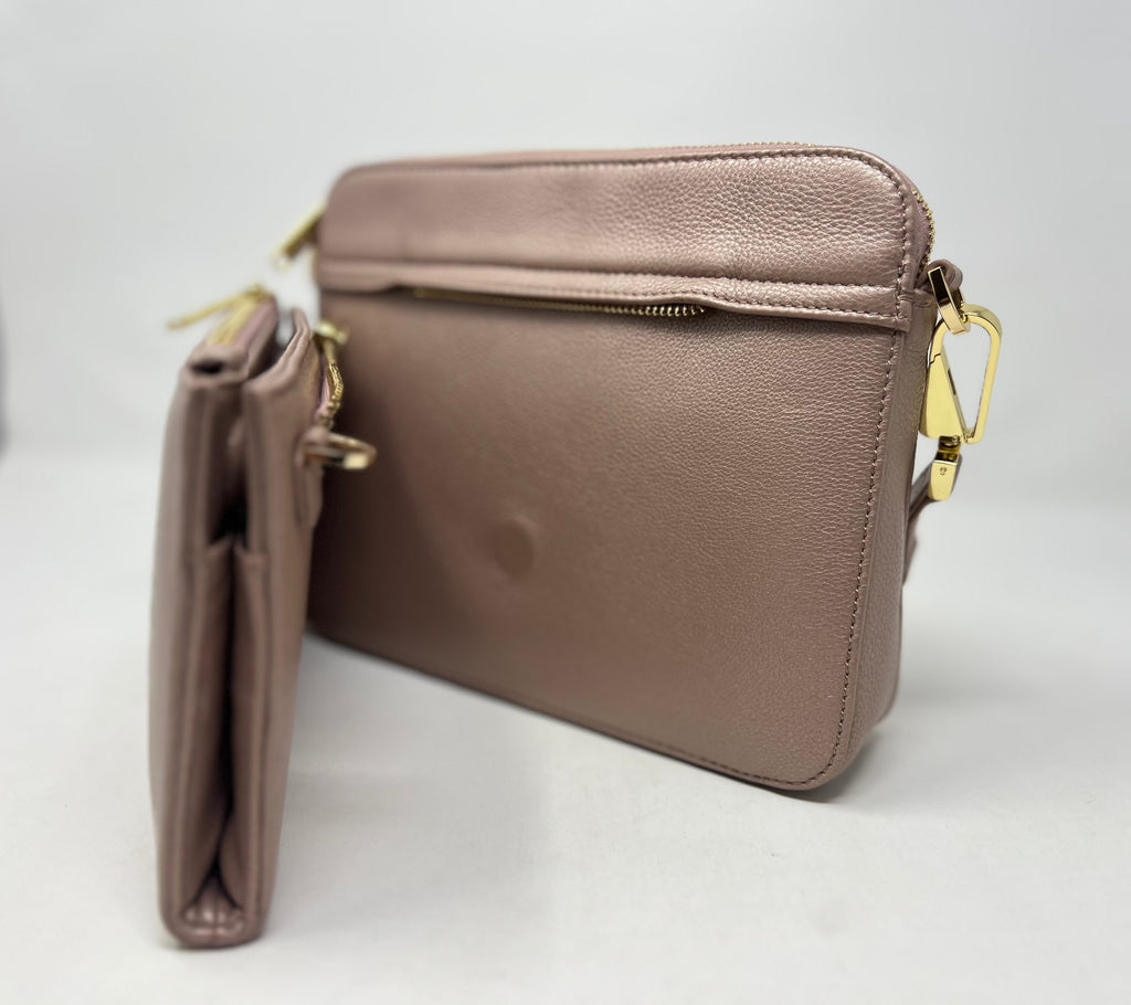 Small Shoulder Bag with Detachable Card Holder in Platinum Pink | Kennedi