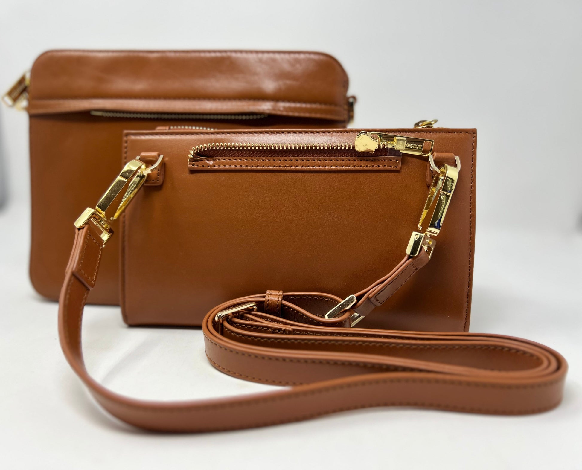 Small 2-in-1 Crossbody Bag with Detachable Card Holder in Cognac Leather, Kennedi