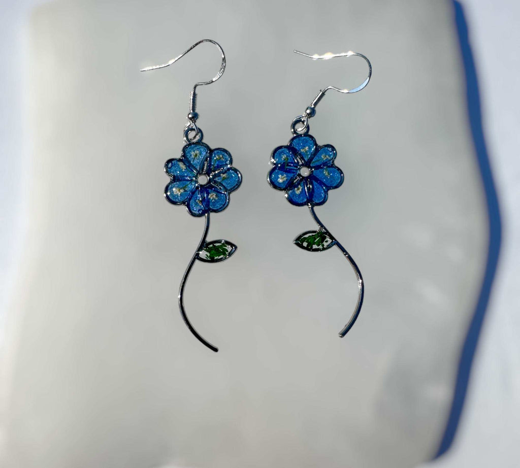Blue Blooms - Handcrafted Blue Petal White Accent Resin Flower Earrings