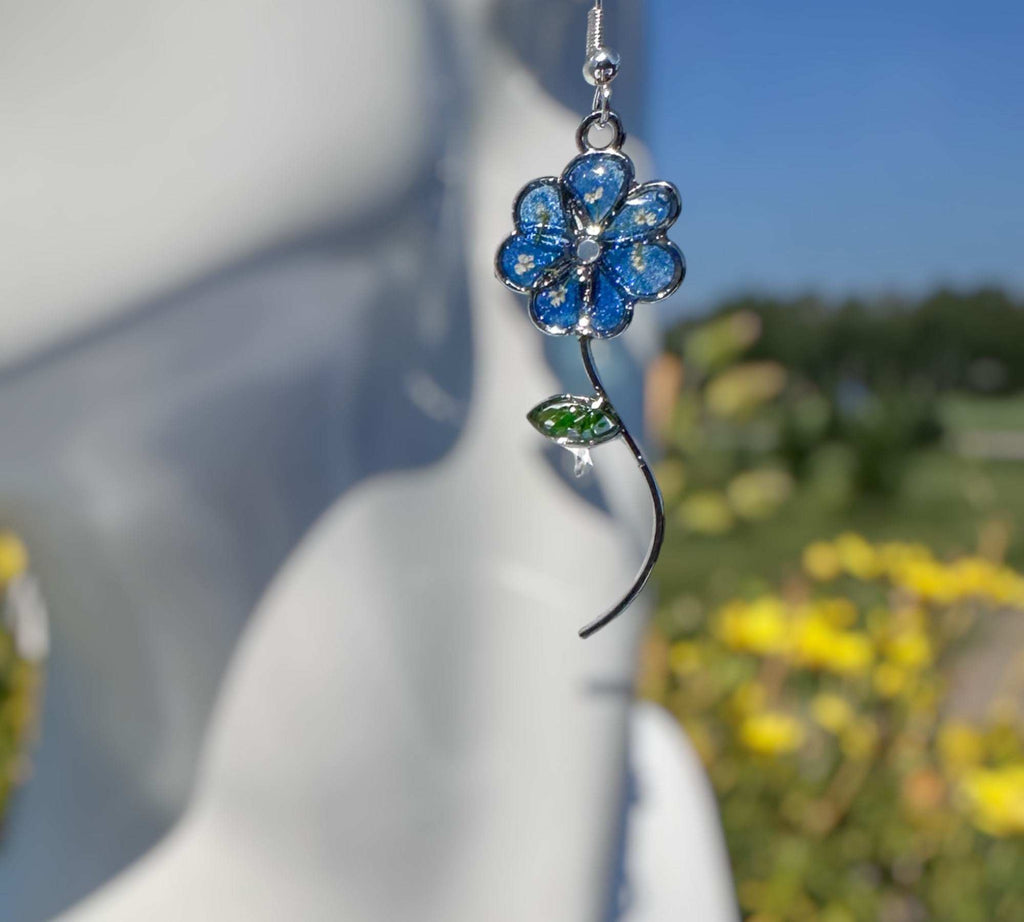 Blue Blooms - Handcrafted Blue Petal White Accent Resin Flower Earrings