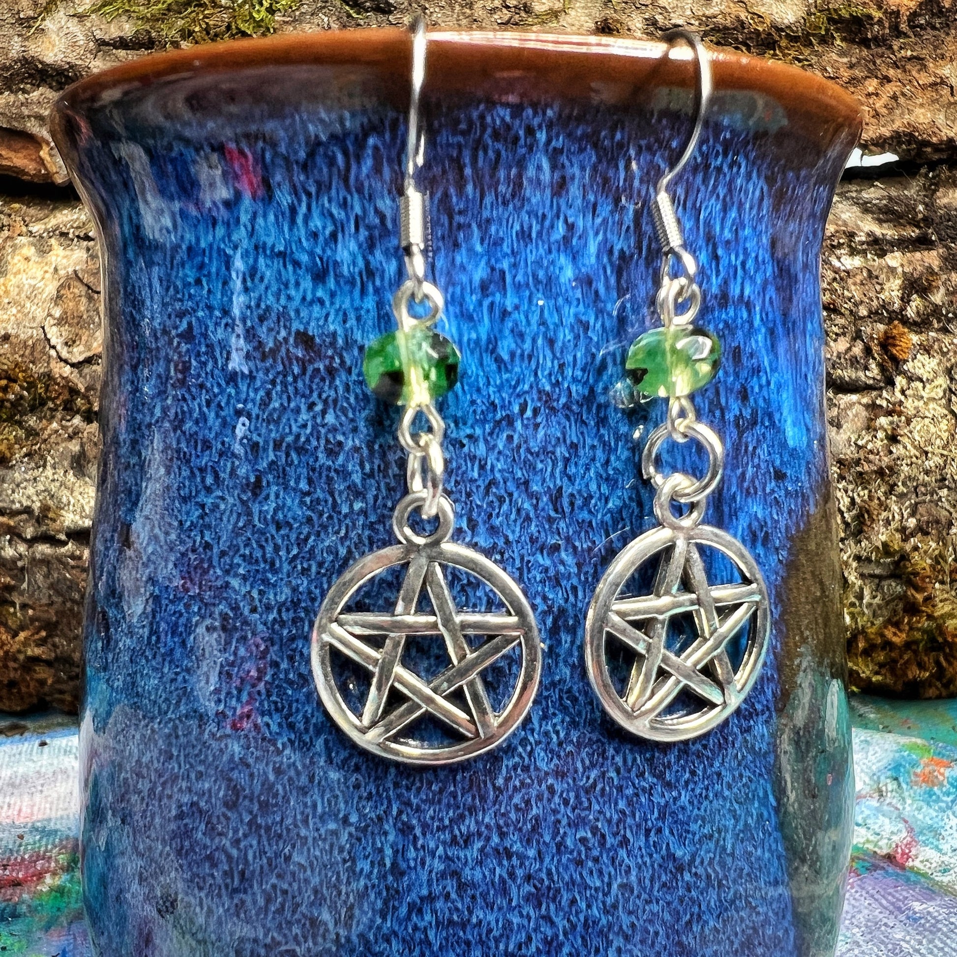 Uranium Glass Leaf Earrings with Celtic Knot Charm – Glowing Nature-Inspired Jewelry