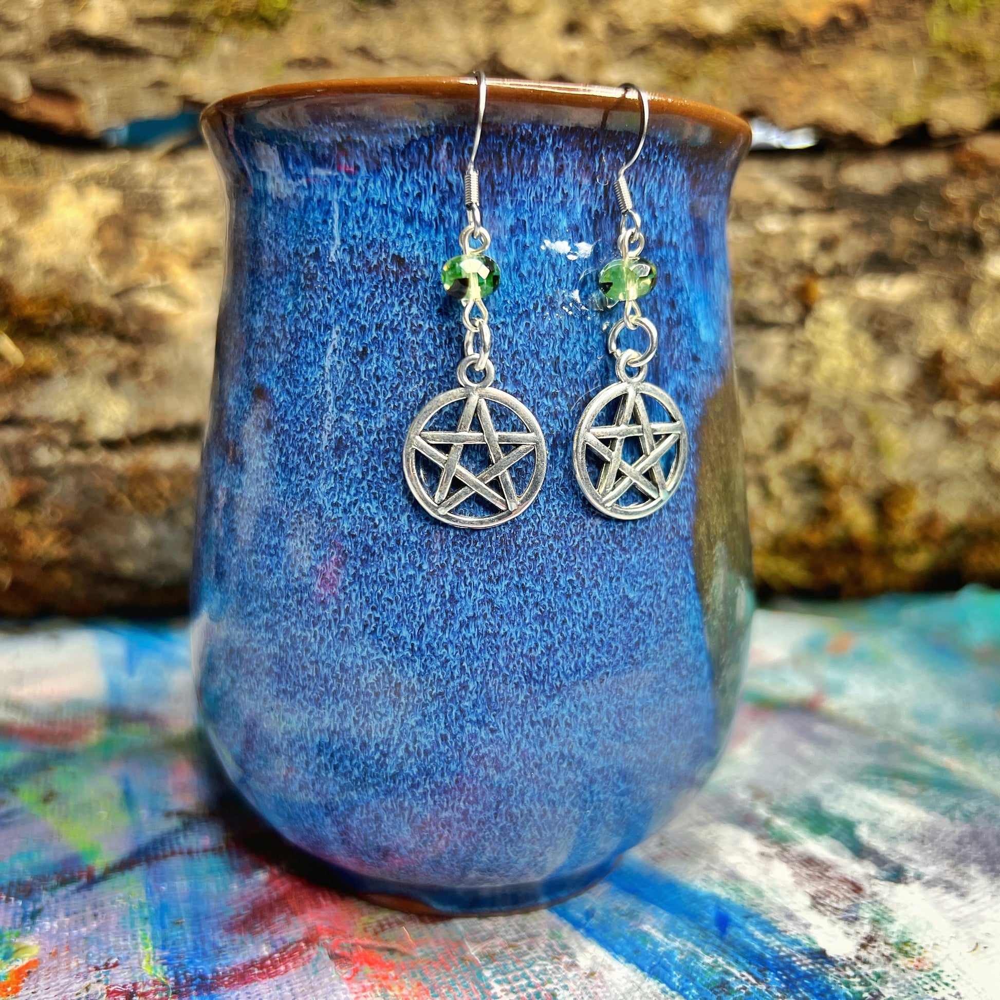 Uranium Glass Leaf Earrings with Celtic Knot Charm – Glowing Nature-Inspired Jewelry