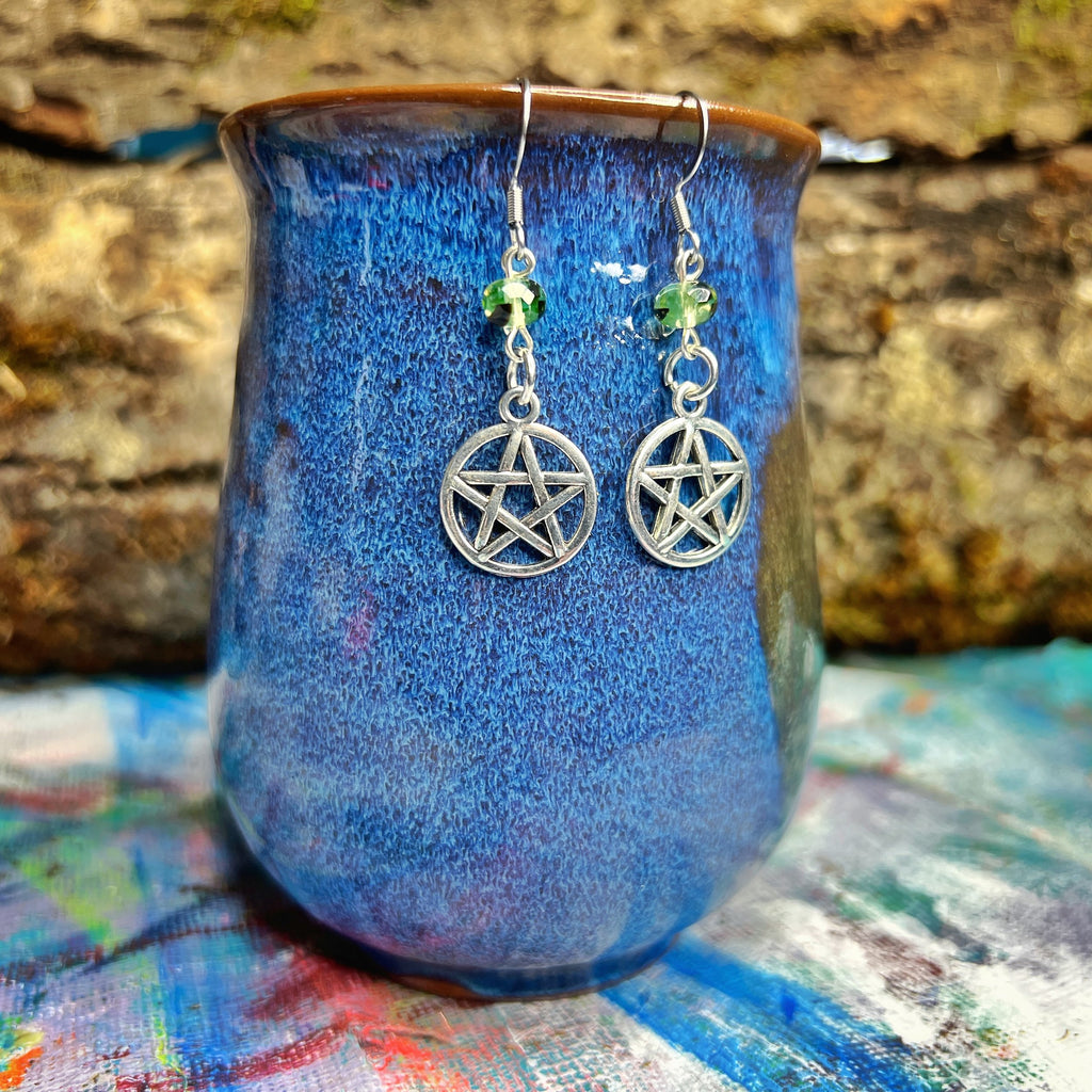 Uranium Glass Leaf Earrings with Celtic Knot Charm – Glowing Nature-Inspired Jewelry