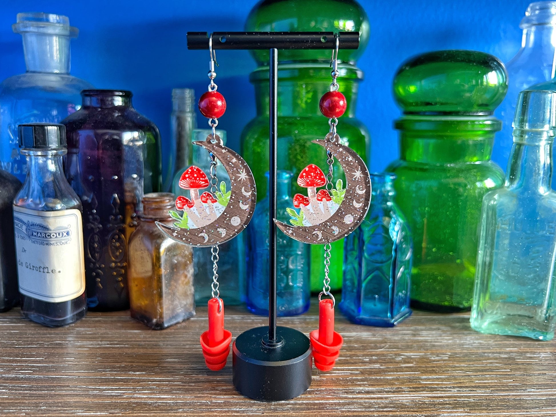 Boucles d'oreilles champignon croissant de lune 