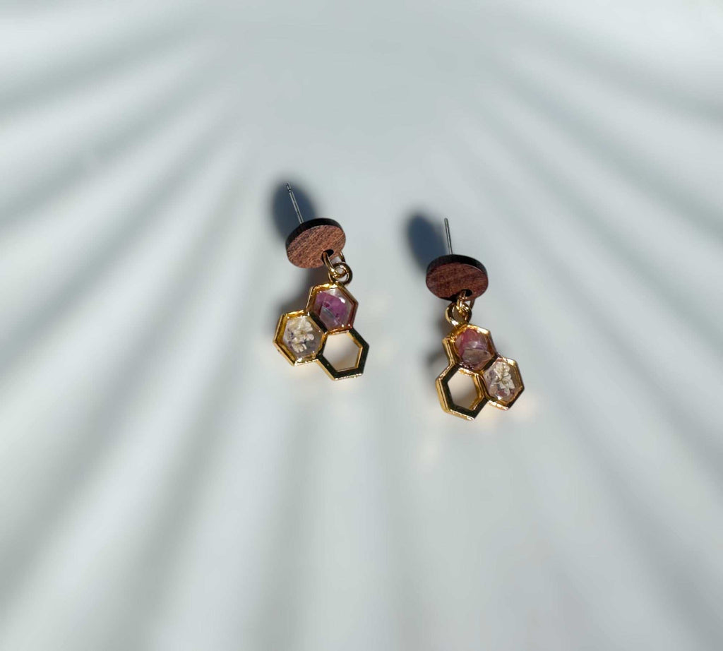 Bee -utiful Handcrafted Bee Drop Earrings with Honeycombs and Wood Studs
