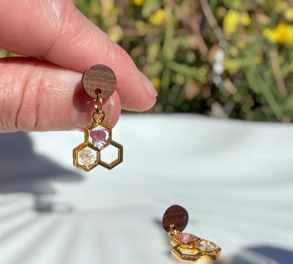 Bee -utiful Handcrafted Bee Drop Earrings with Honeycombs and Wood Studs