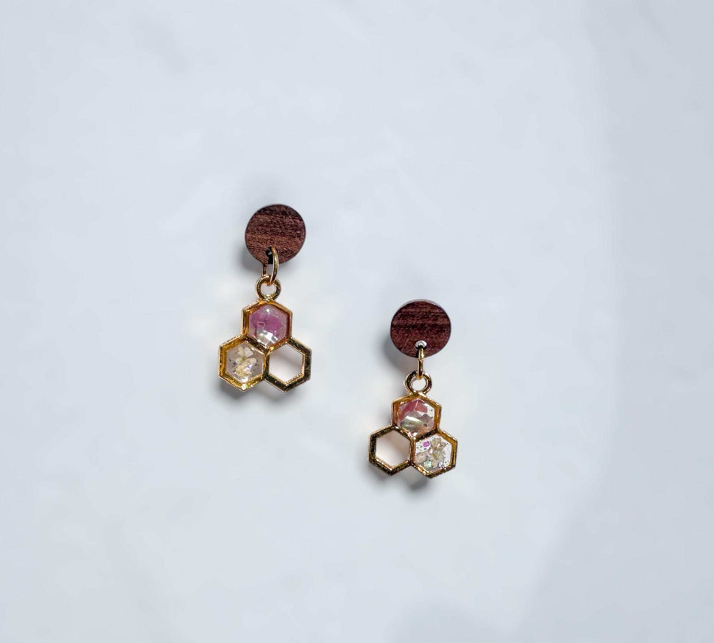 Bee -utiful Handcrafted Bee Drop Earrings with Honeycombs and Wood Studs