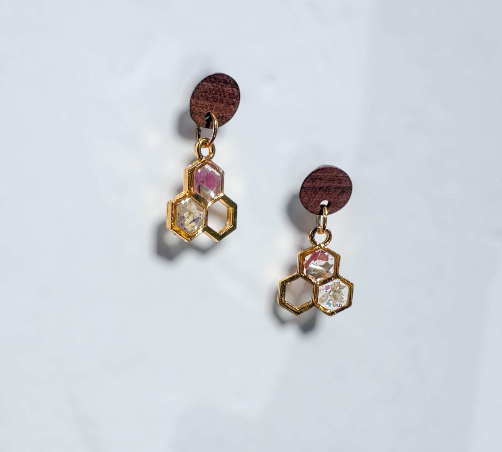 Bee -utiful Handcrafted Bee Drop Earrings with Honeycombs and Wood Studs