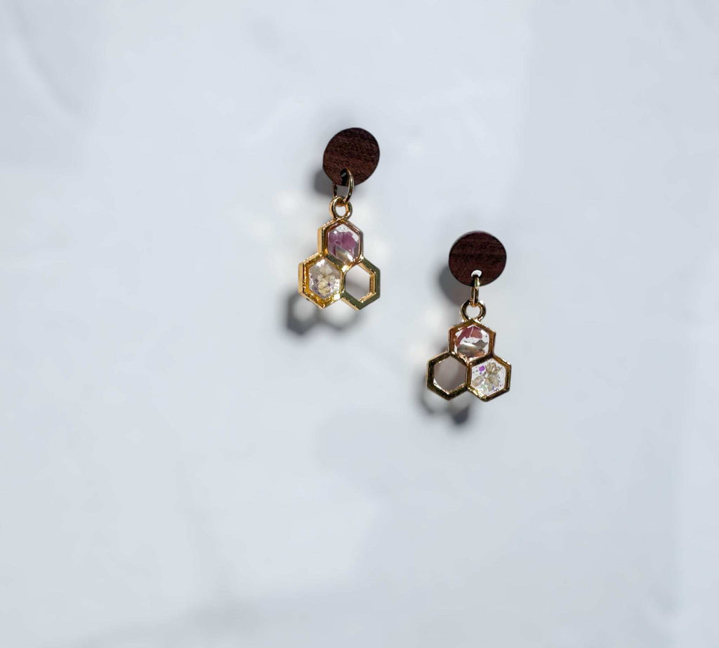 Bee -utiful Handcrafted Bee Drop Earrings with Honeycombs and Wood Studs