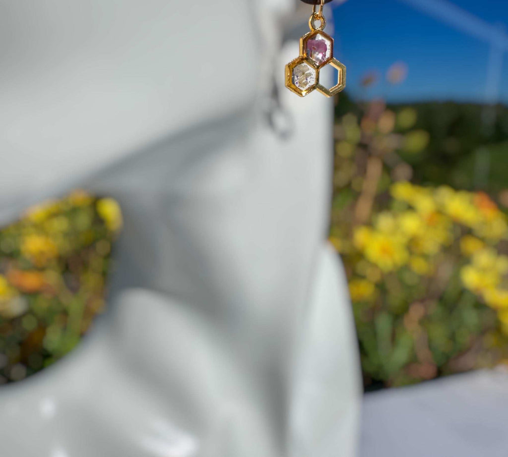 Bee -utiful Handcrafted Bee Drop Earrings with Honeycombs and Wood Studs