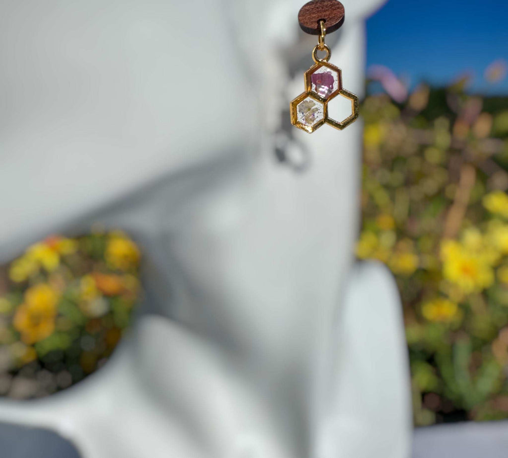 Bee -utiful Handcrafted Bee Drop Earrings with Honeycombs and Wood Studs