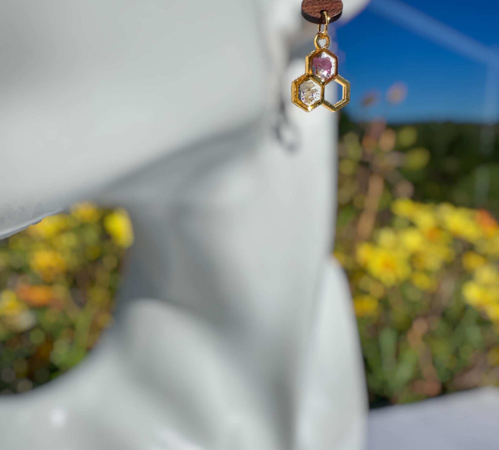 Bee -utiful Handcrafted Bee Drop Earrings with Honeycombs and Wood Studs