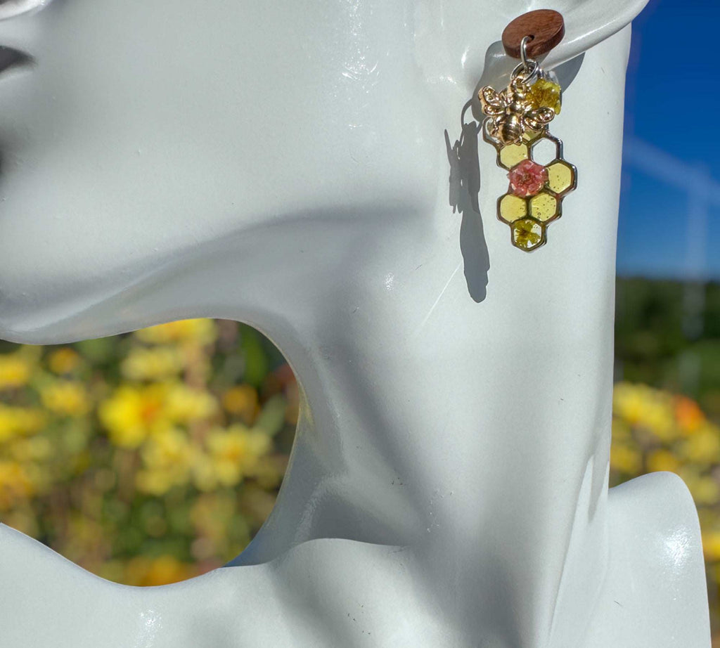 Bee -Themed Handcrafted Drop Earrings with Honeycombs & Flowers