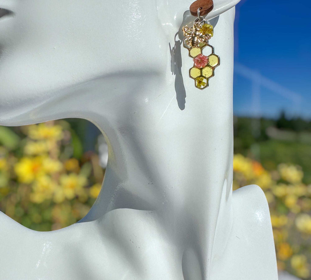 Bee -Themed Handcrafted Drop Earrings with Honeycombs & Flowers